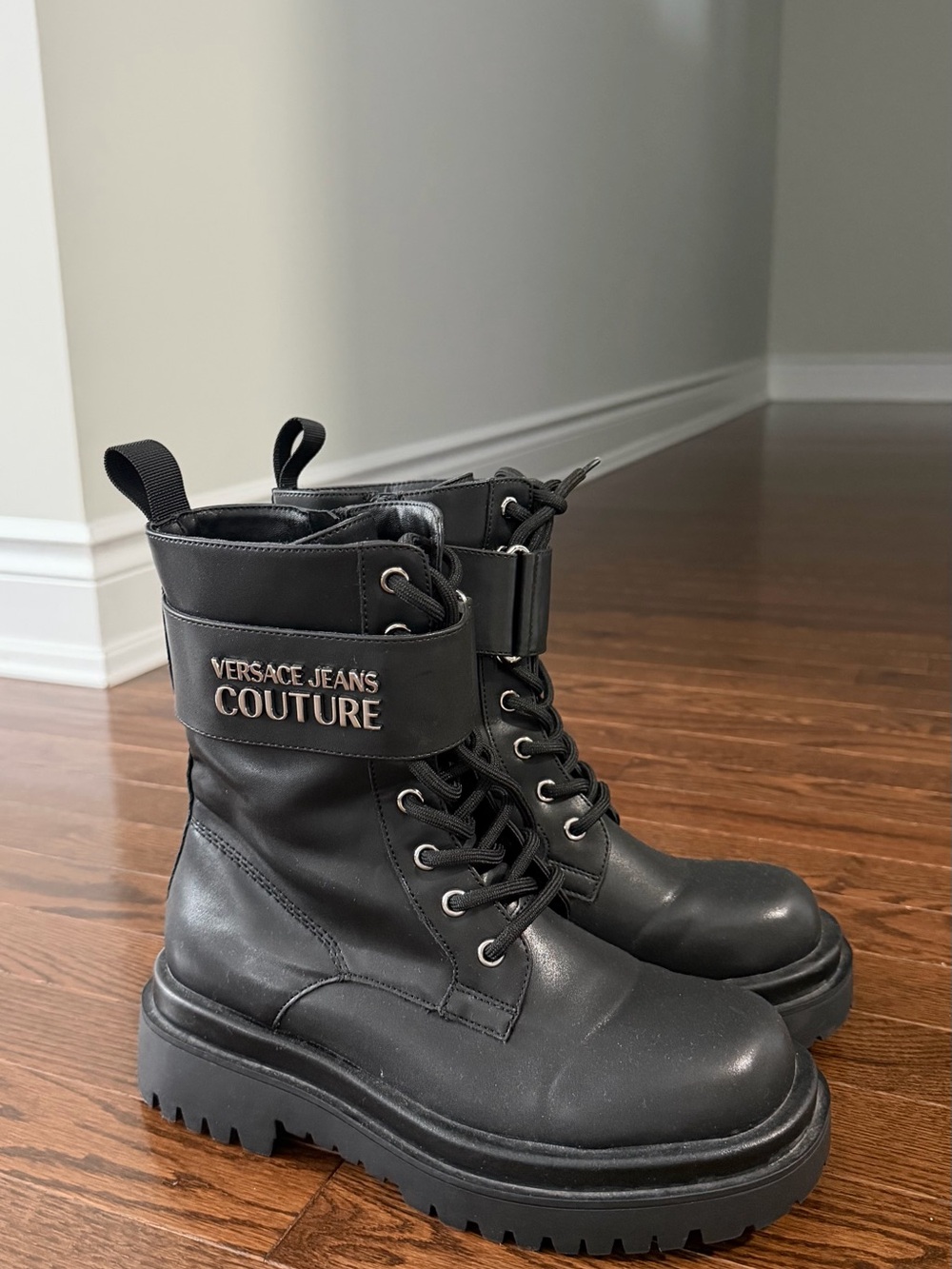 Versace Jeans Collection Black Leather Lug-Soled Combat Boots